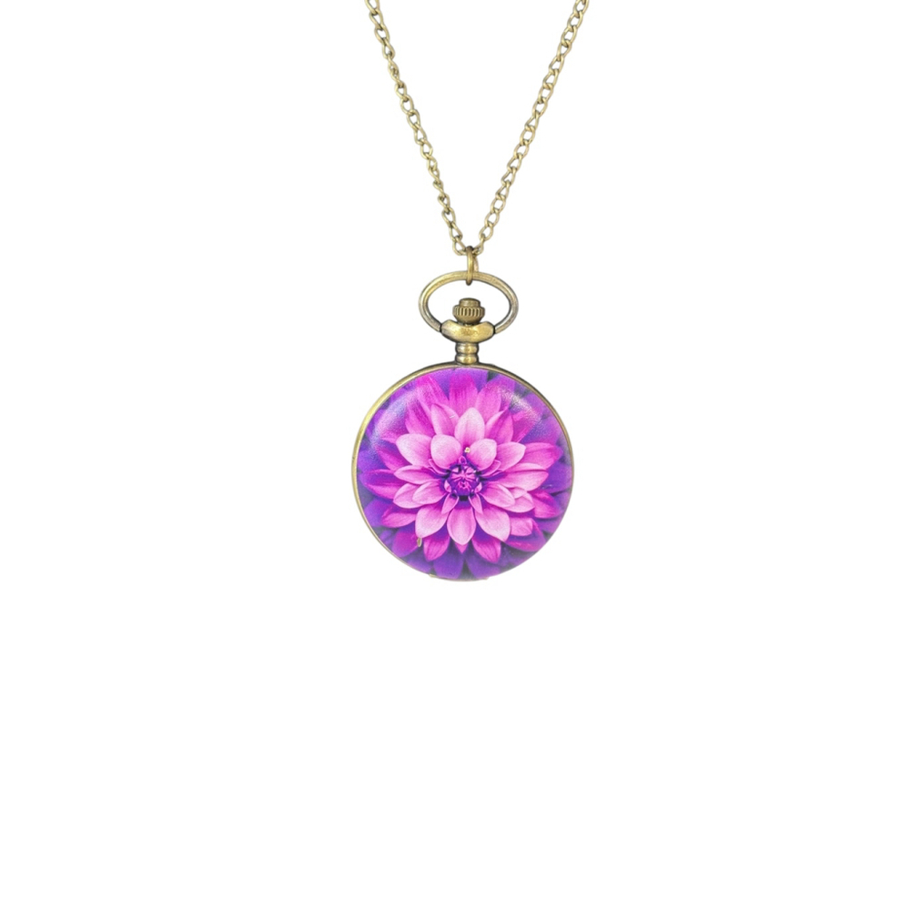 Women's Strada Purple Flower Pocket Watch Necklace One Size Gold Chain